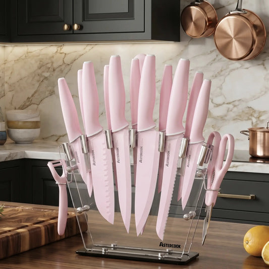 22-Pc Modern Clear Block Knife Set-Pink