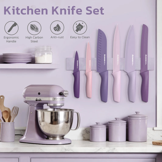 7 Pieces Kitchen Knives Set with Healthy Anti-Rust Coating Purple