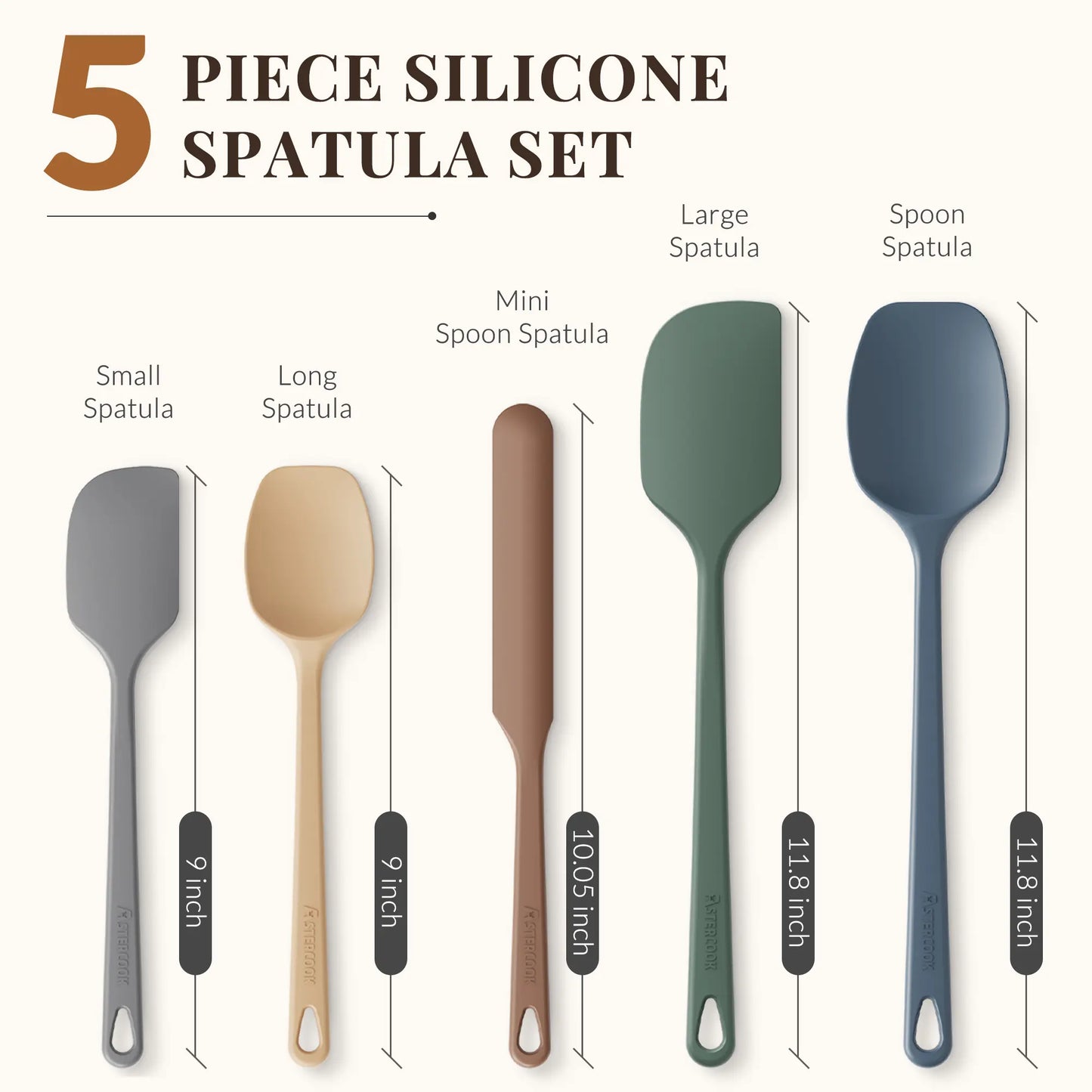 Astercook 5-Piece Silicone Spatula Set, 560°F Heat Resistant Rubber Spatulas with Stainless Steel Core, Nonstick Safe & Dishwasher Safe Baking Spatula Set for Cooking & Mixing, Morandi Earth Colors