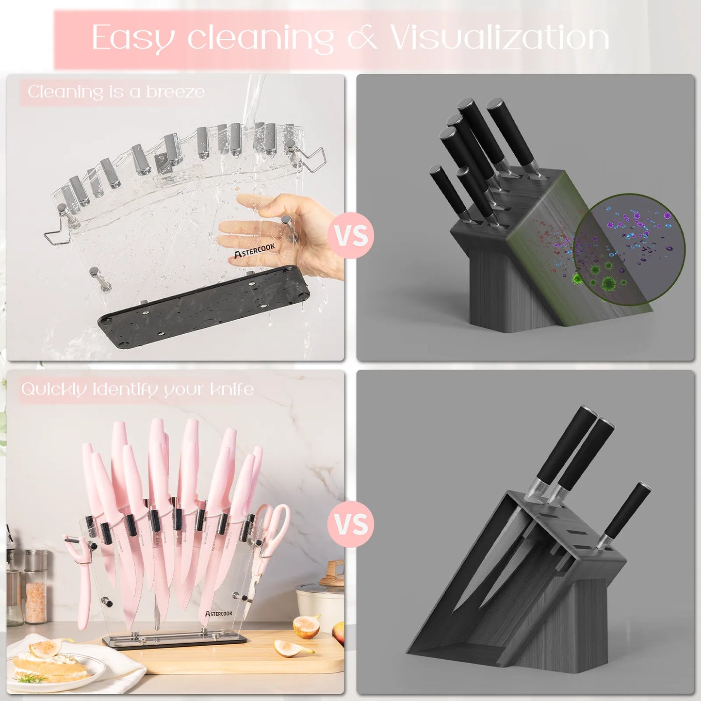 22-Pc Modern Clear Block Knife Set-Pink