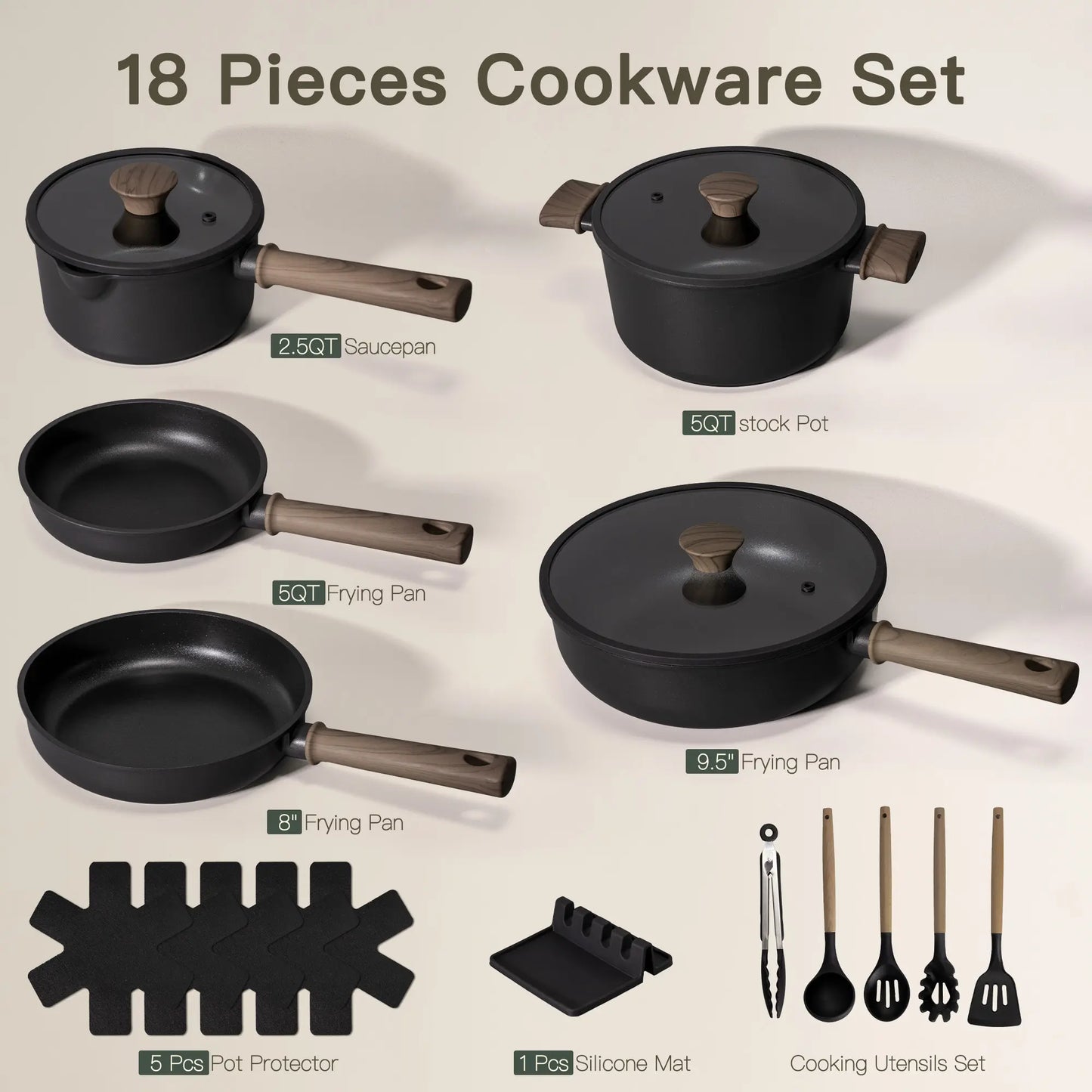 Astercook 18-Piece Pots and Pans Set, Black Titanium Induction Nonstick Cookware Set, Oven Safe to 480°F, Induction Compatible & Dishwasher Safe, Kitchen Cooking Set for RV Trips, Camping and Picnic