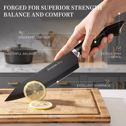 Astercook Knife Set, 15-Piece Kitchen Knives Set with Built-in Sharpener, German Stainless Steel Knife Block Sets with Anti-Rust Coating & PP Ergonomic Handle, Dishwasher Safe Black