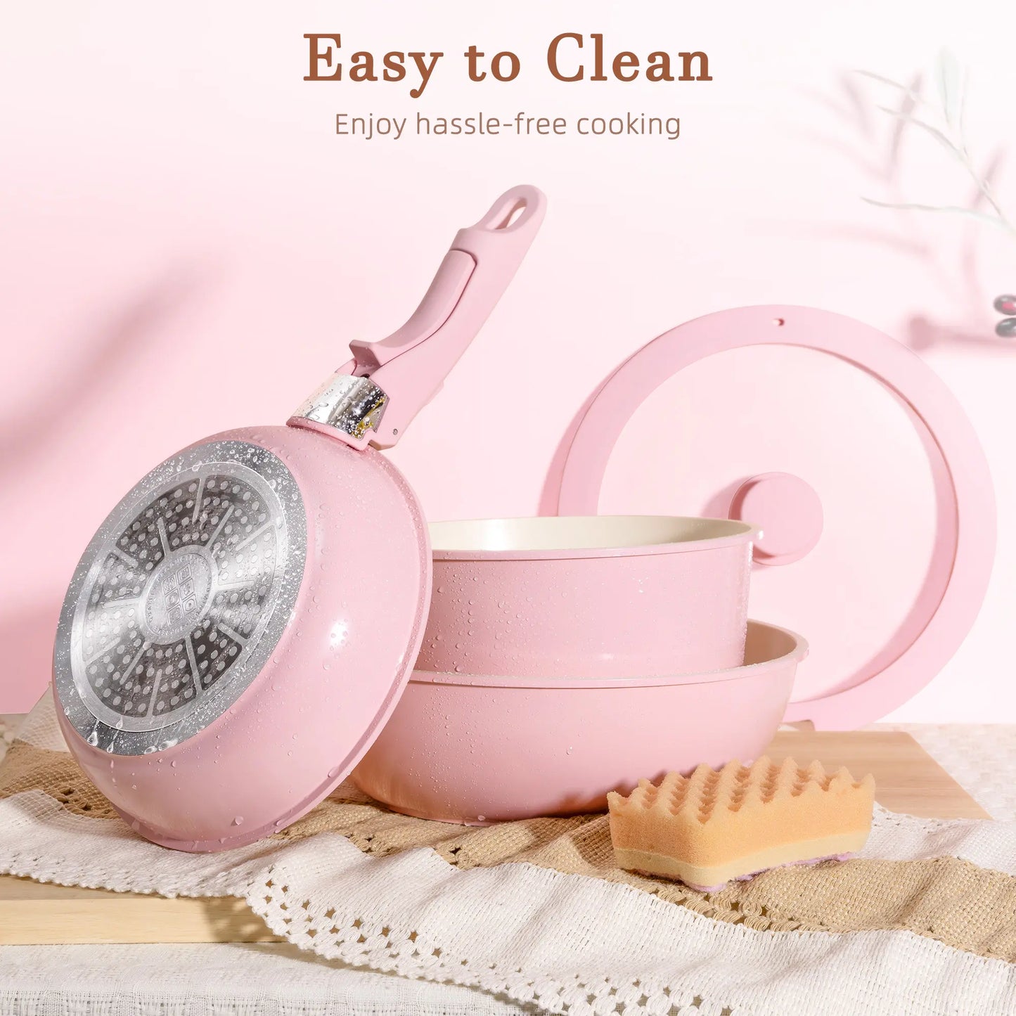 Astercook 22 Piece Pots and Pans Set Non Stick, Cookware Set with Detachable Handles, Induction Compatible & Oven Safe, Stackable Space-Saving Kitchen Cooking Set for RV, Camping & Home, Pink