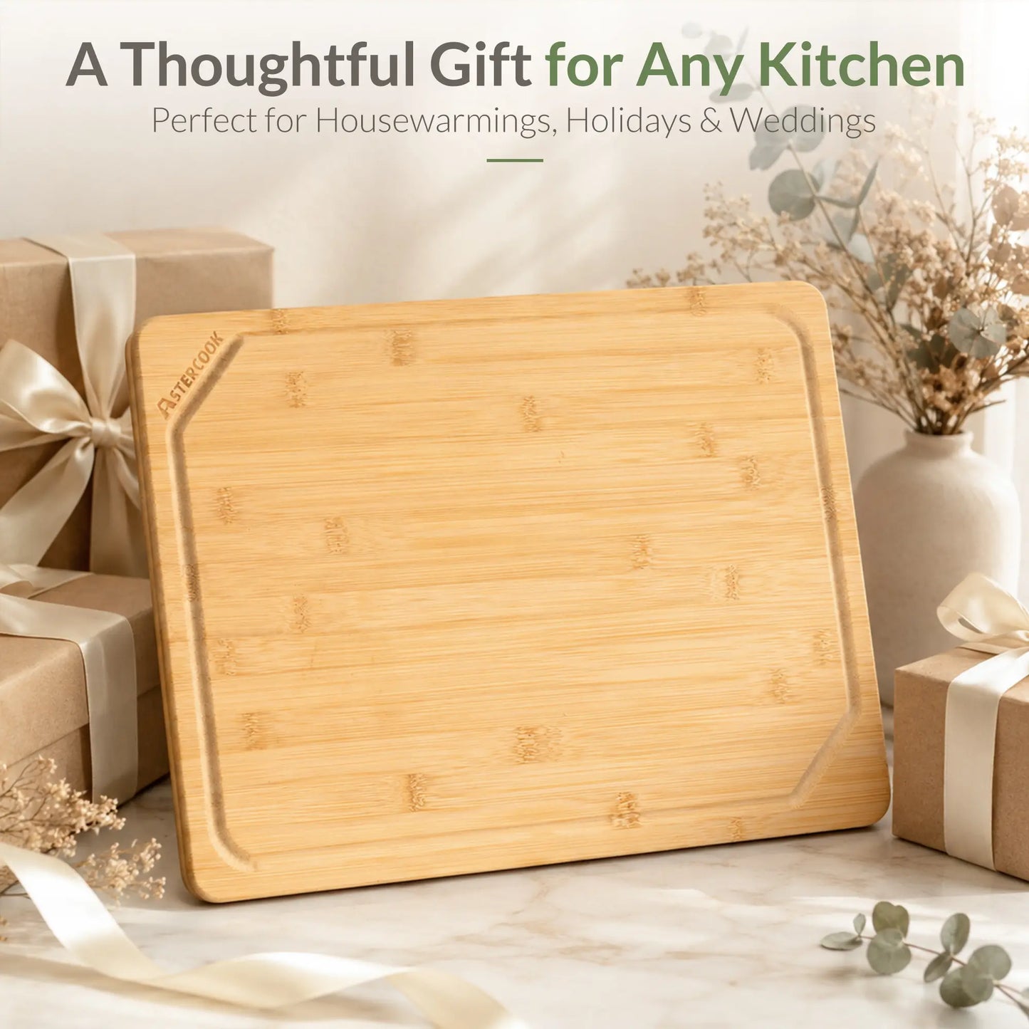 Astercook Bamboo Cutting Board for Kitchen, Large Natural Wood Chopping Board with Juice Groove and Built-in Handles, Knife-Friendly Charcuterie Board for Meat, Vegetables, Fruit and Cheese 12" x 17"