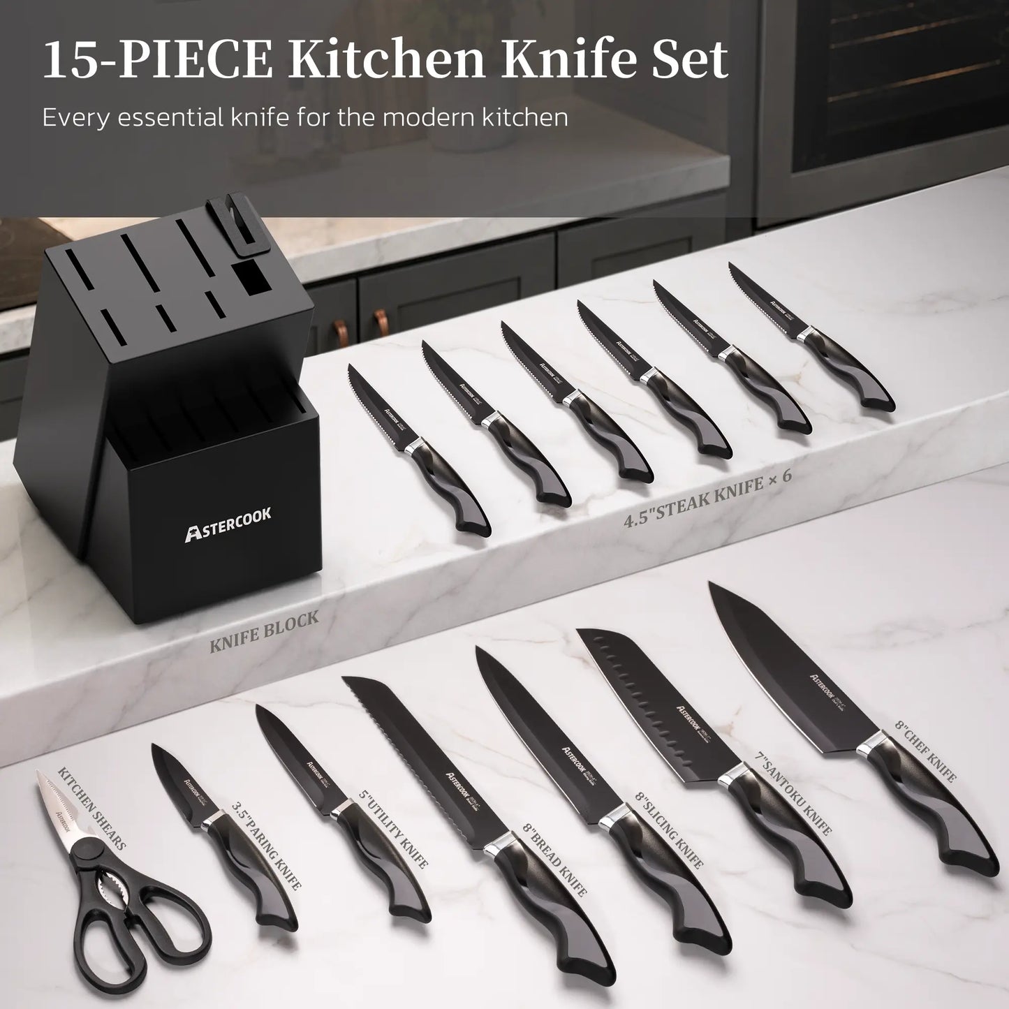 Astercook Knife Set, 15-Piece Kitchen Knives Set with Built-in Sharpener, German Stainless Steel Knife Block Sets with Anti-Rust Coating & PP Ergonomic Handle, Dishwasher Safe Black