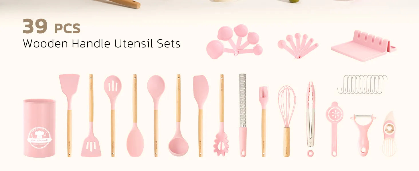39-Piece Silicone Utensil Collection-Pink