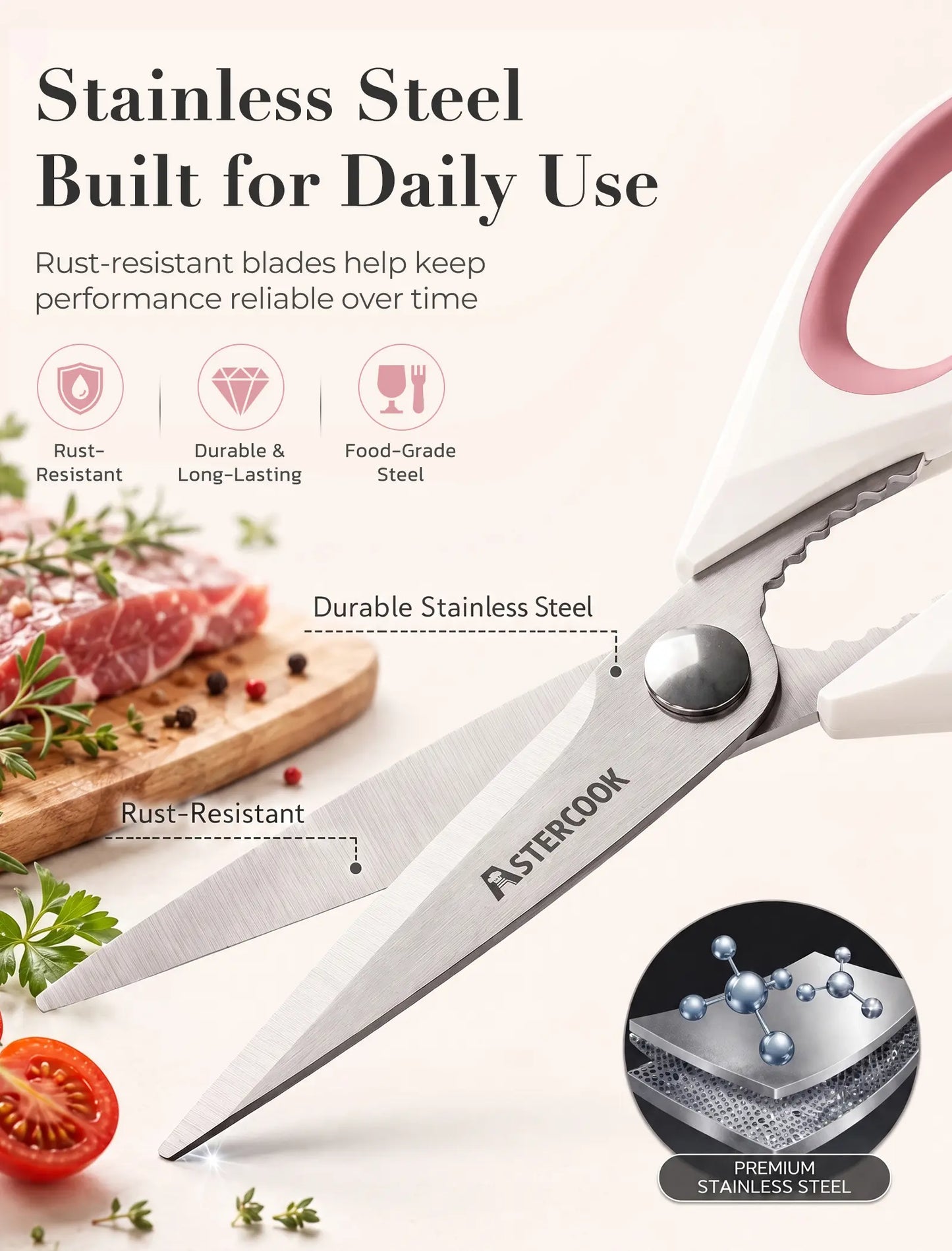 Astercook Kitchen Scissors 3 Pack, Heavy Duty All Purpose Kitchen Shears for Food and Packaging, Stainless Steel Food Scissors for Meat, Poultry, Herbs and Vegetables, Dishwasher Safe