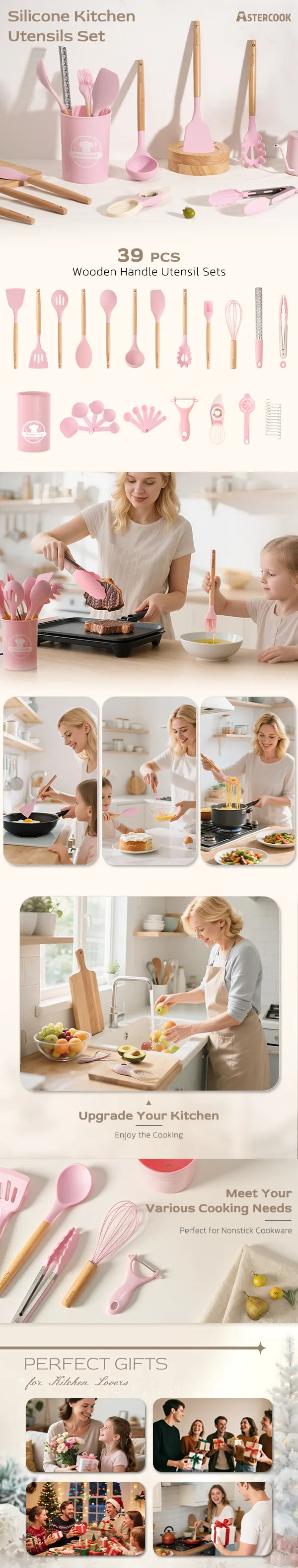 39-Piece Silicone Utensil Collection-Pink