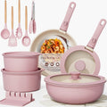 21-Piece Ceramic Pots and Pans Set Non Stick Detachable Handle -Pink