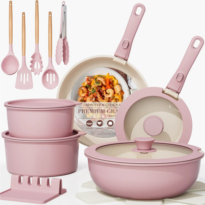 21pcs Ceramic Detachable Cookware Set-Pink
