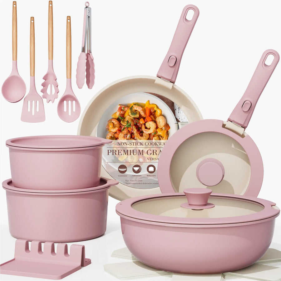 21pcs Ceramic Detachable Cookware Set-Pink