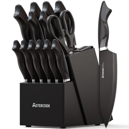 Astercook Knife Set, 15-Piece Kitchen Knives Set with Built-in Sharpener, German Stainless Steel Knife Block Sets with Anti-Rust Coating & PP Ergonomic Handle, Dishwasher Safe Black