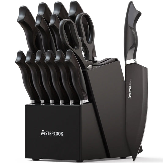 Astercook Knife Set, 15-Piece Kitchen Knives Set with Built-in Sharpener, German Stainless Steel Knife Block Sets with Anti-Rust Coating & PP Ergonomic Handle, Dishwasher Safe Black