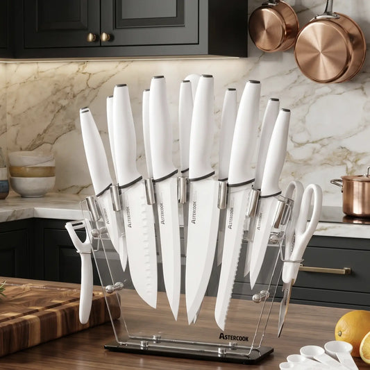 22-Pc Modern Clear Block Knife Set-White