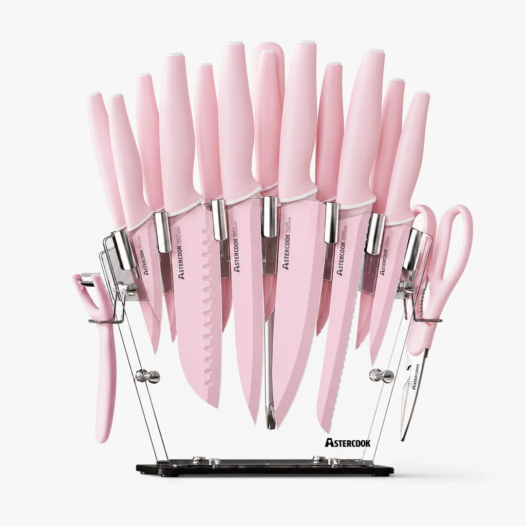 22-Pc Modern Clear Block Knife Set-Pink