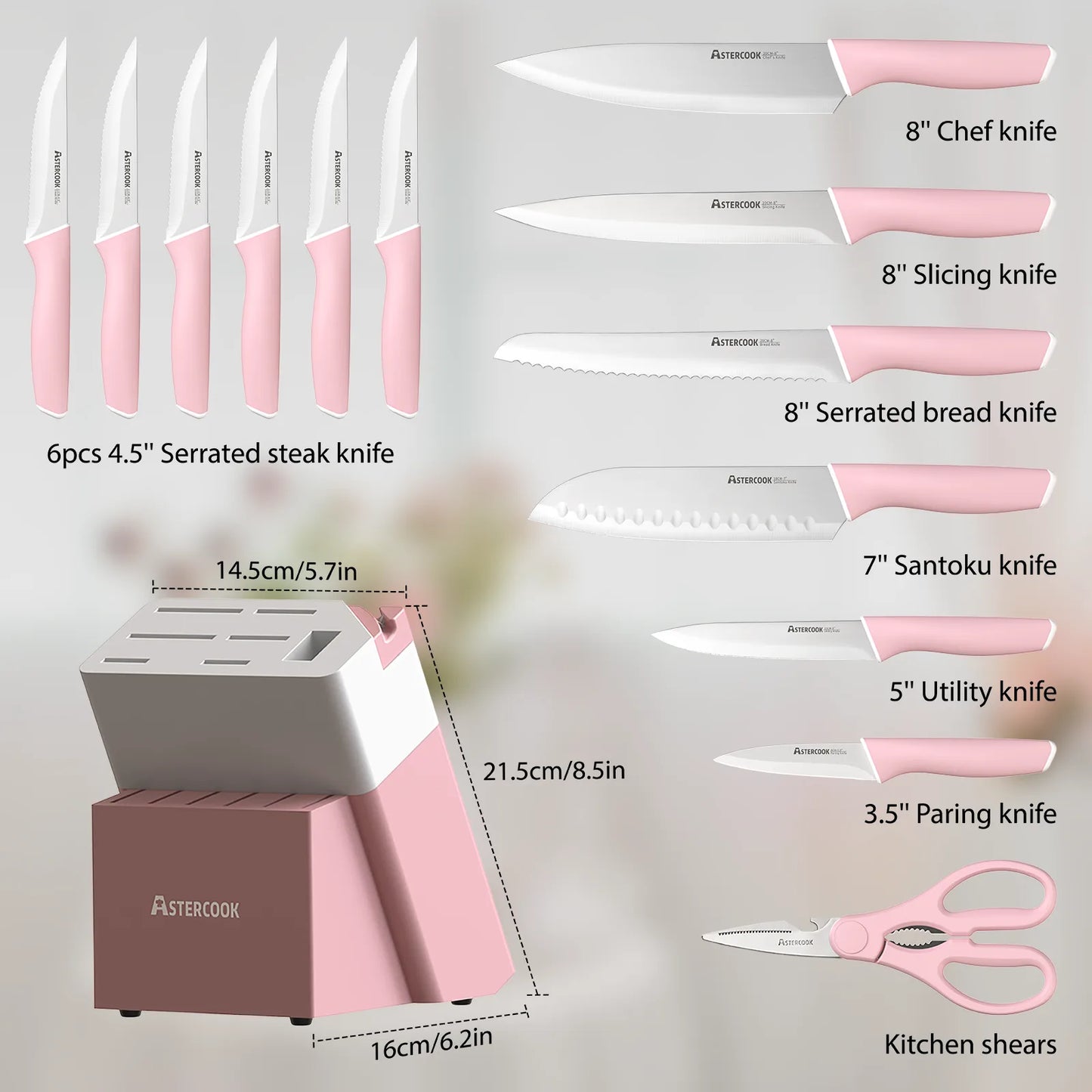 Professional 15-Pc German Steel Knife Set-Pink