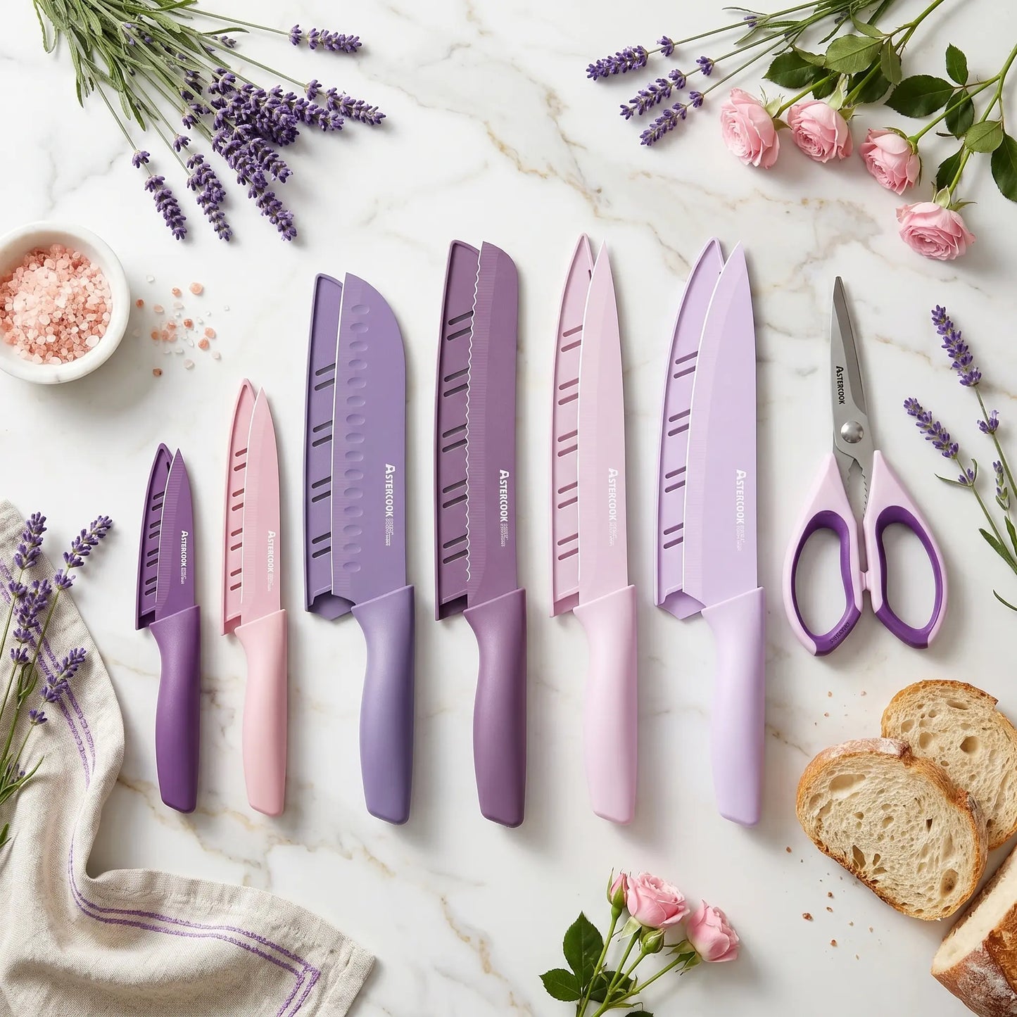 7 Pieces Kitchen Knives Set with Healthy Anti-Rust Coating Purple
