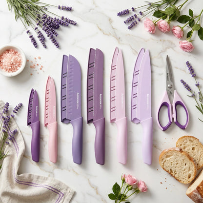 7 Pieces Kitchen Knives Set with Healthy Anti-Rust Coating Purple