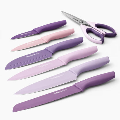 7 Pieces Kitchen Knives Set with Healthy Anti-Rust Coating Purple