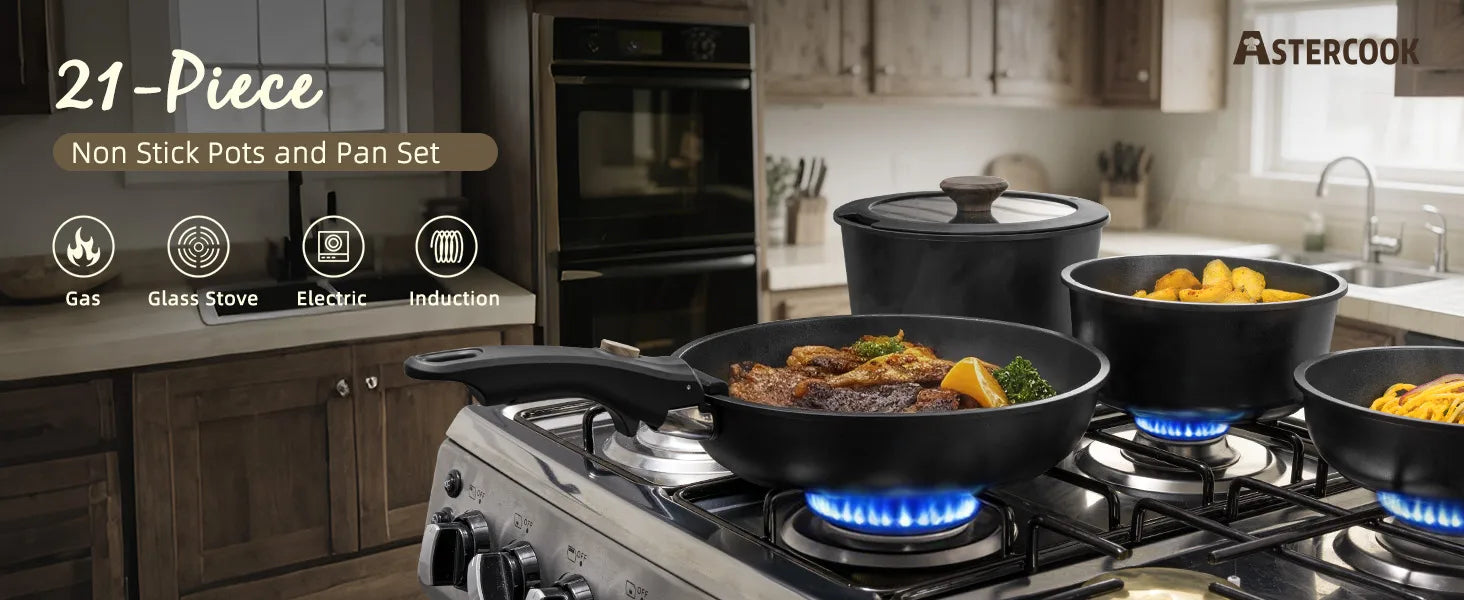 21-Pc Stackable Black Cookware Set