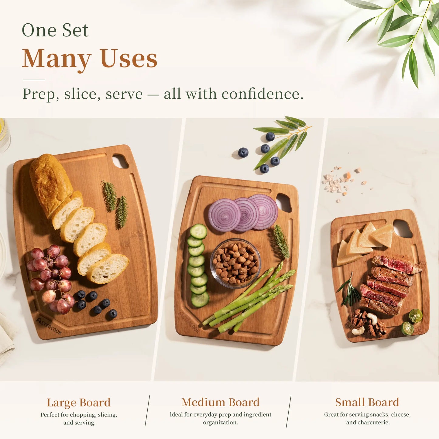 Astercook 4-Piece Bamboo Cutting Board Set with Holder, Deep Carbonized Wood Chopping Boards for Kitchen with Juice Groove and Handles, Knife-Friendly Charcuterie Boards for Meal Prep and Serving