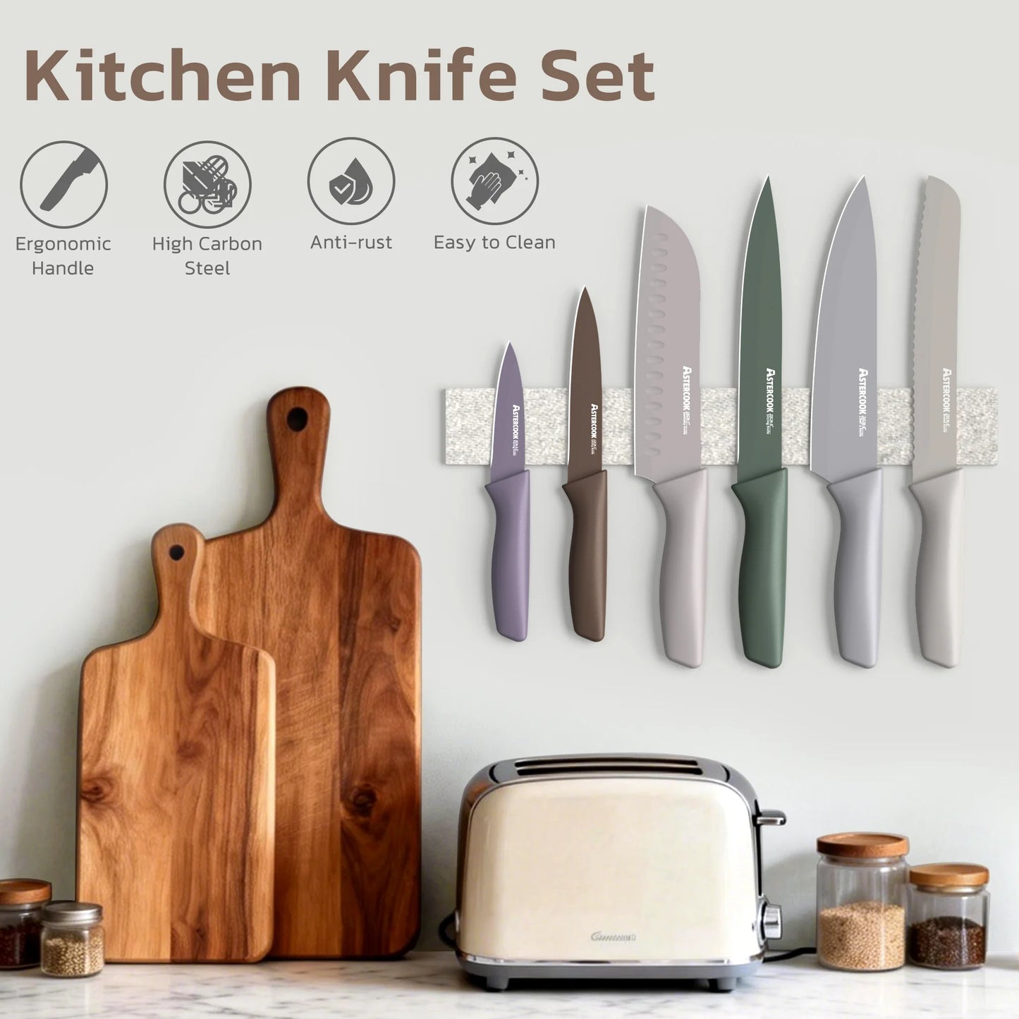 7 Pieces Kitchen Knives Set with Healthy Anti-Rust Coating Morandi