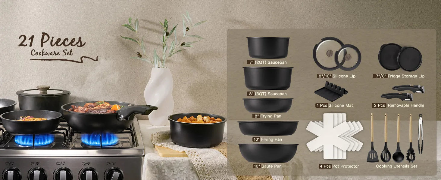 21-Pc Stackable Black Cookware Set