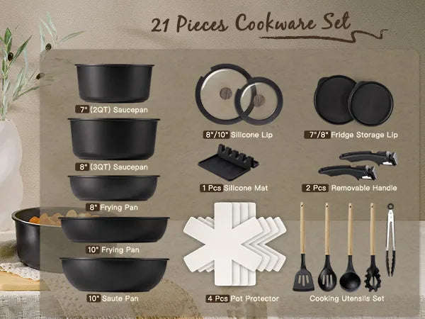 21-Pc Stackable Black Cookware Set
