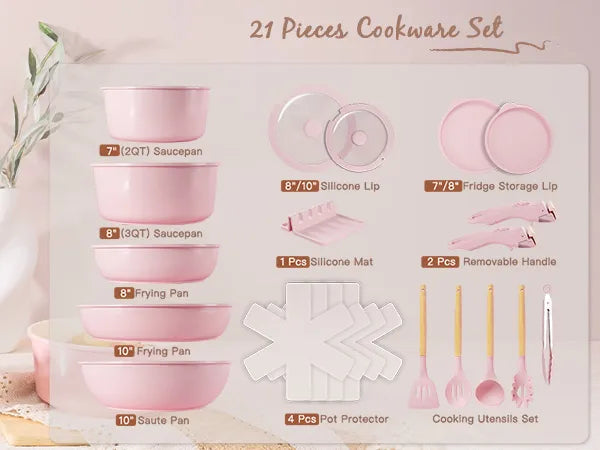 21-Pc Detachable Pink Cookware Set