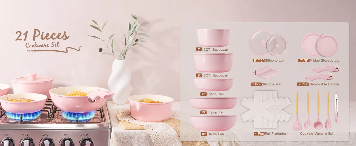 21-Pc Detachable Pink Cookware Set