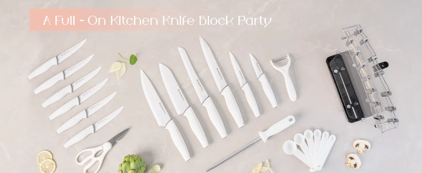 22-Pc Modern Clear Block Knife Set-White