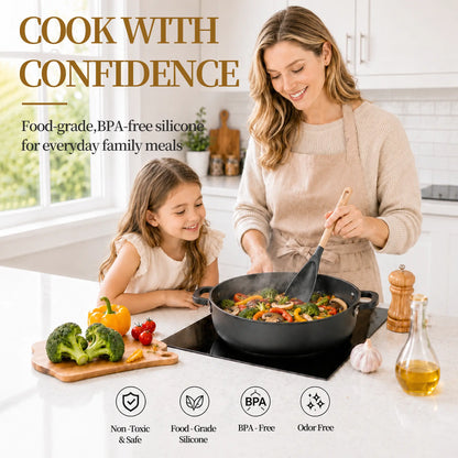 Astercook 2 Pack Silicone Cooking Spoons for Nonstick Cookware, Heat Resistant BPA-Free Spatula Spoon Set with Wood Handle & Built-in Spoon Rest, Kitchen Utensils for Stirring, Scooping, Serving