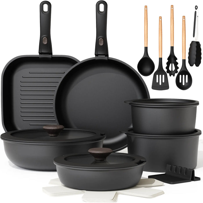 Astercook 22 Piece Pots and Pans Set Non Stick, Cookware Set with Detachable Handles, Induction Compatible & Oven Safe, Stackable Space-Saving Kitchen Cooking Set for RV, Camping & Home, Black