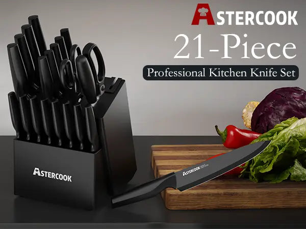 21-Pc Black Knife Set with Built-in Sharpener German Stainless Steel