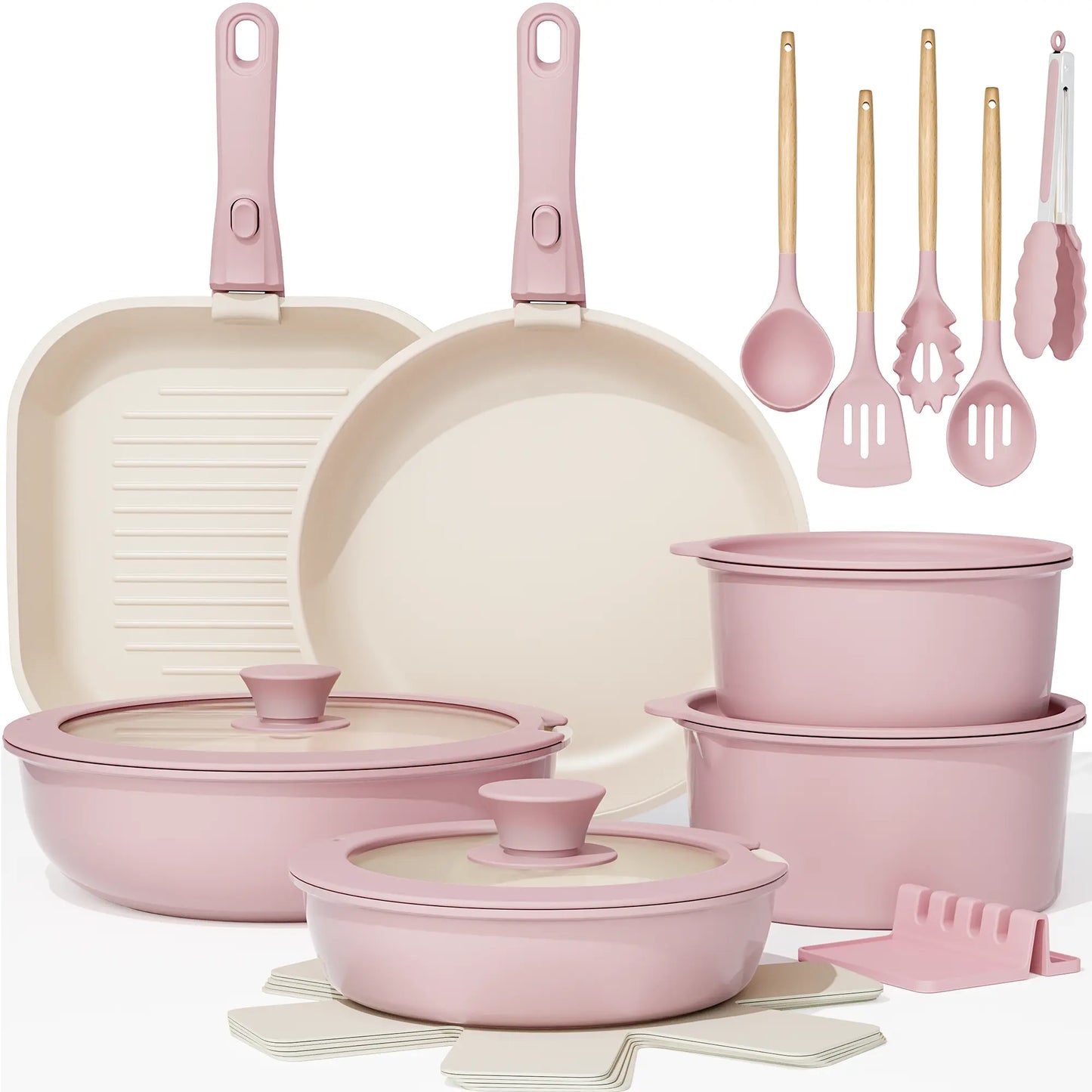 Astercook 22 Piece Pots and Pans Set Non Stick, Cookware Set with Detachable Handles, Induction Compatible & Oven Safe, Stackable Space-Saving Kitchen Cooking Set for RV, Camping & Home, Pink