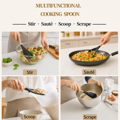 Astercook 2 Pack Silicone Cooking Spoons for Nonstick Cookware, Heat Resistant BPA-Free Spatula Spoon Set with Wood Handle & Built-in Spoon Rest, Kitchen Utensils for Stirring, Scooping, Serving