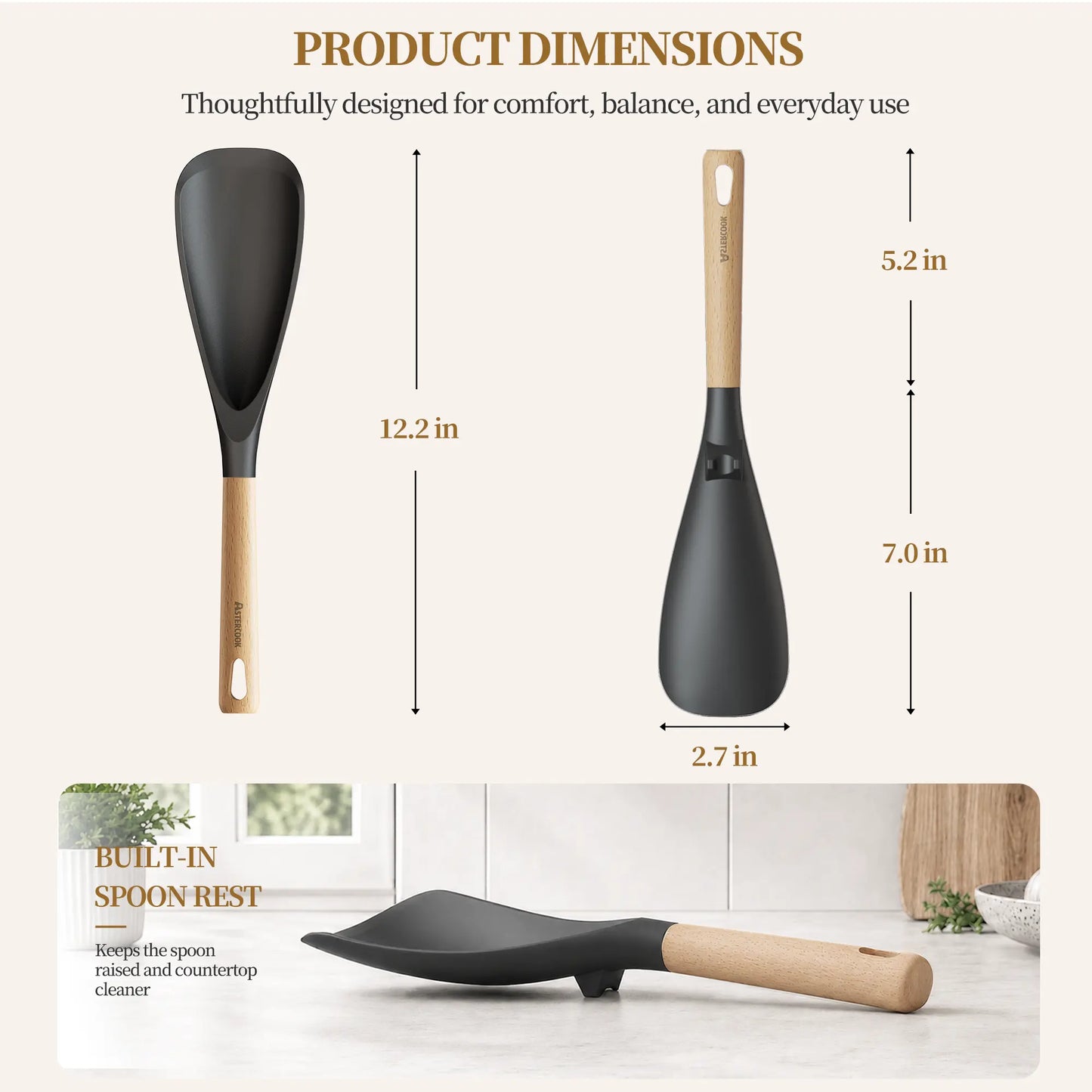 Astercook 2 Pack Silicone Cooking Spoons for Nonstick Cookware, Heat Resistant BPA-Free Spatula Spoon Set with Wood Handle & Built-in Spoon Rest, Kitchen Utensils for Stirring, Scooping, Serving