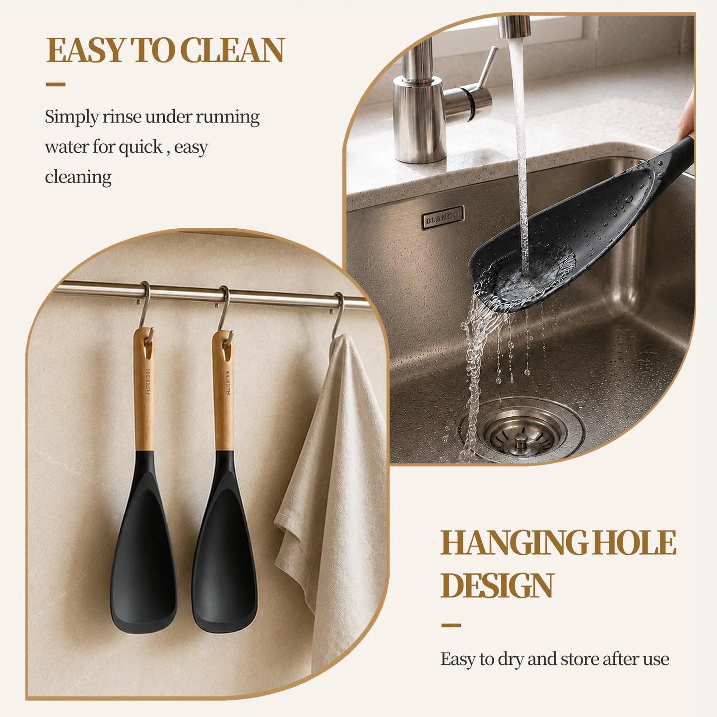 Astercook 2 Pack Silicone Cooking Spoons for Nonstick Cookware, Heat Resistant BPA-Free Spatula Spoon Set with Wood Handle & Built-in Spoon Rest, Kitchen Utensils for Stirring, Scooping, Serving