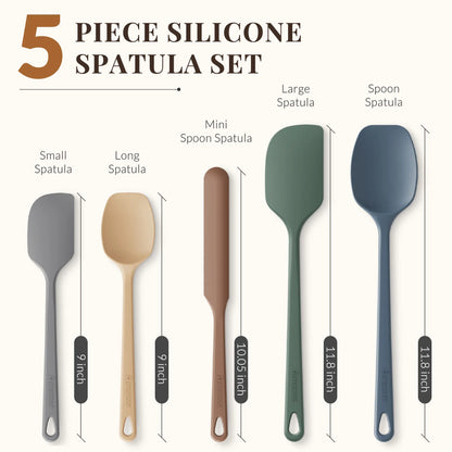Astercook 5-Piece Silicone Spatula Set, 560°F Heat Resistant Rubber Spatulas with Stainless Steel Core, Nonstick Safe & Dishwasher Safe Baking Spatula Set for Cooking & Mixing, Morandi Earth Colors