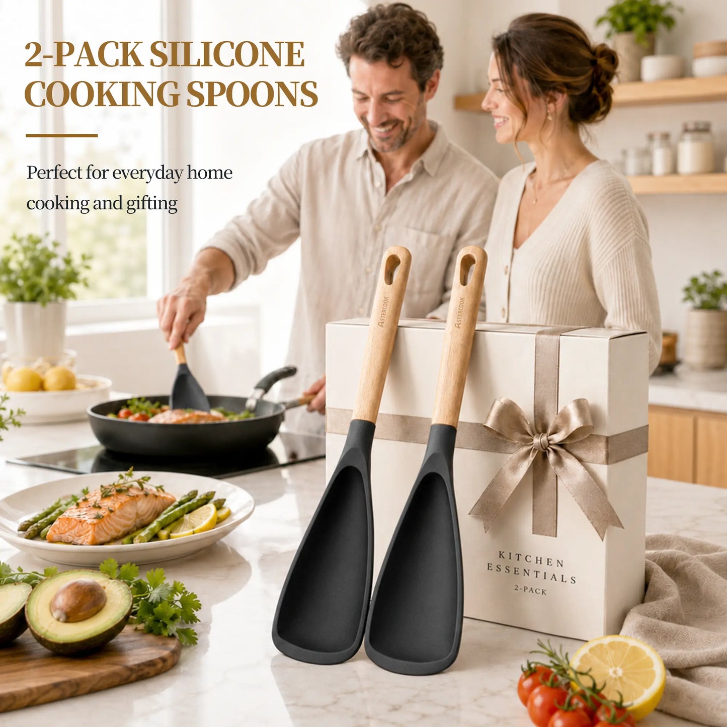 Astercook 2 Pack Silicone Cooking Spoons for Nonstick Cookware, Heat Resistant BPA-Free Spatula Spoon Set with Wood Handle & Built-in Spoon Rest, Kitchen Utensils for Stirring, Scooping, Serving