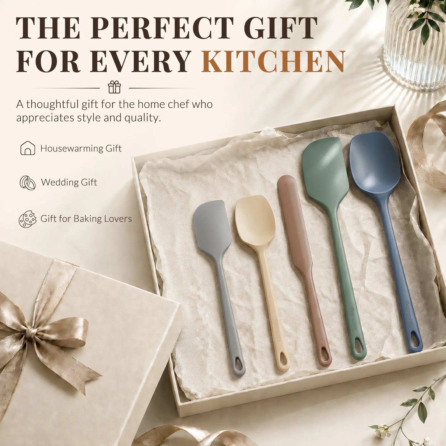 Astercook 5-Piece Silicone Spatula Set, 560°F Heat Resistant Rubber Spatulas with Stainless Steel Core, Nonstick Safe & Dishwasher Safe Baking Spatula Set for Cooking & Mixing, Morandi Earth Colors