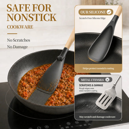 Astercook 2 Pack Silicone Cooking Spoons for Nonstick Cookware, Heat Resistant BPA-Free Spatula Spoon Set with Wood Handle & Built-in Spoon Rest, Kitchen Utensils for Stirring, Scooping, Serving