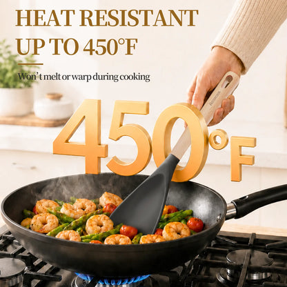 Astercook 2 Pack Silicone Cooking Spoons for Nonstick Cookware, Heat Resistant BPA-Free Spatula Spoon Set with Wood Handle & Built-in Spoon Rest, Kitchen Utensils for Stirring, Scooping, Serving
