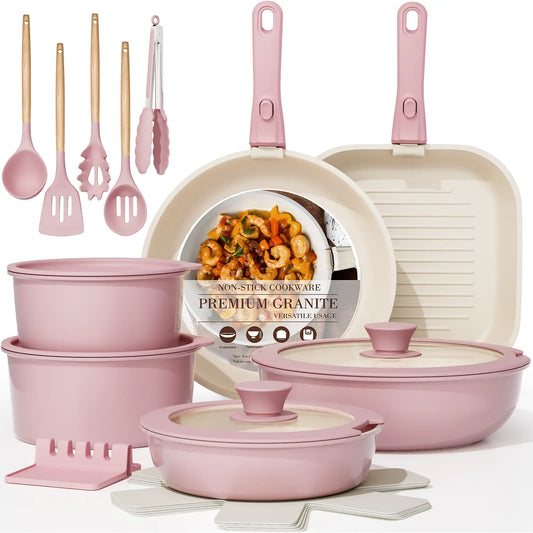 23-Piece Ceramic Pots and Pans Set Non Stick Detachable Handle -Pink