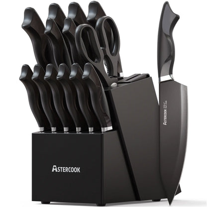 Astercook Knife Set, 15-Piece Kitchen Knives Set with Built-in Sharpener, German Stainless Steel Knife Block Sets with Anti-Rust Coating & PP Ergonomic Handle, Dishwasher Safe Black