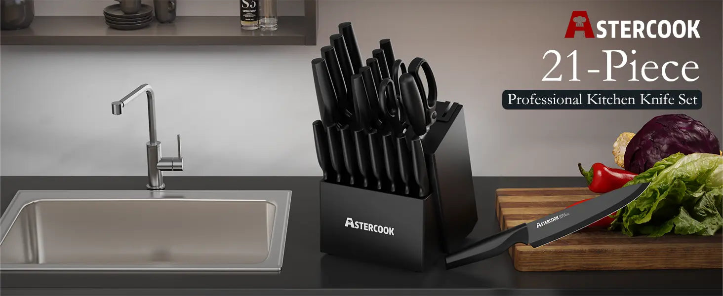21-Pc Black Knife Set with Built-in Sharpener German Stainless Steel