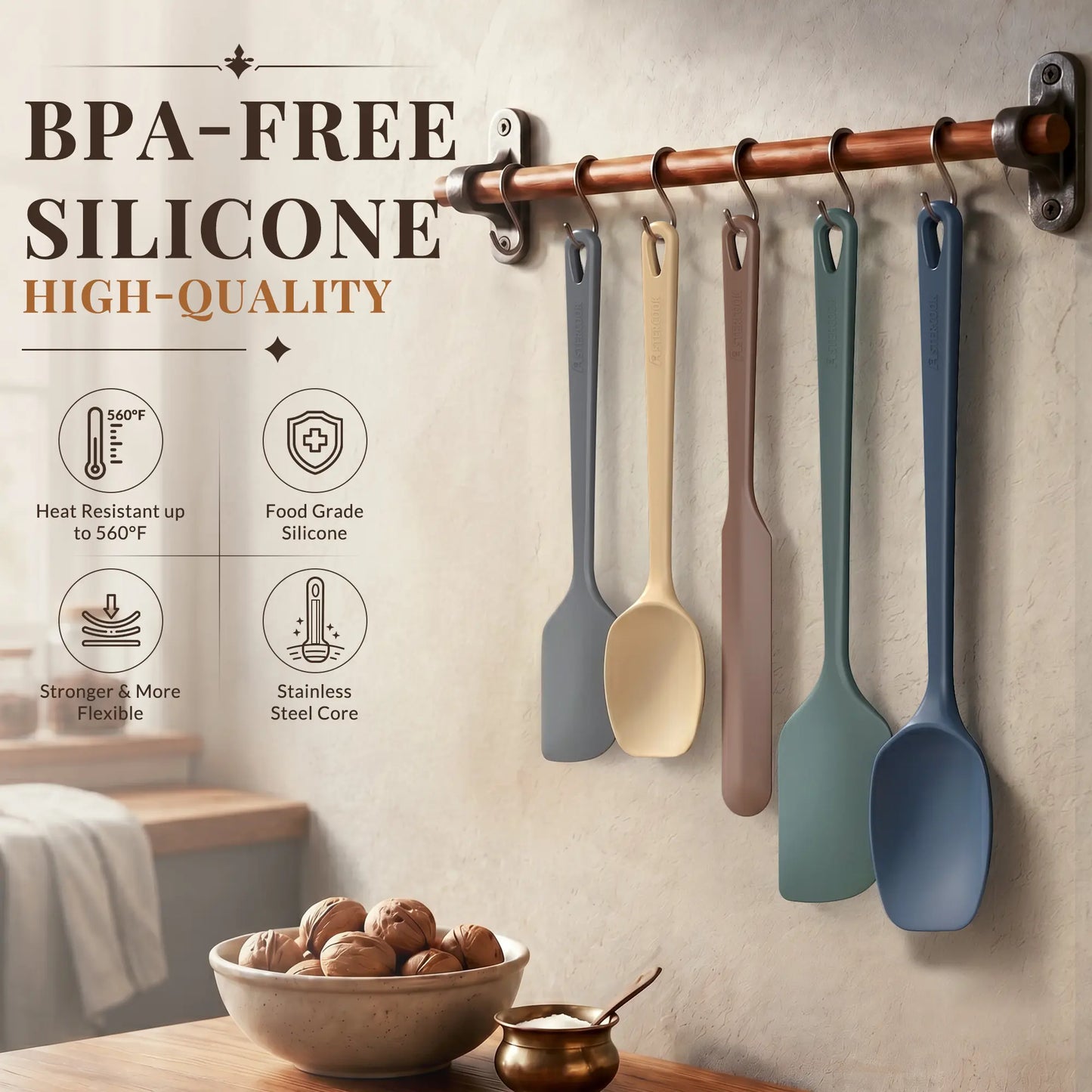 Astercook 5-Piece Silicone Spatula Set, 560°F Heat Resistant Rubber Spatulas with Stainless Steel Core, Nonstick Safe & Dishwasher Safe Baking Spatula Set for Cooking & Mixing, Morandi Earth Colors