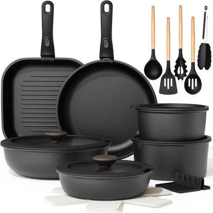 23-Piece Ceramic Pots and Pans Set Non Stick Detachable Handle -Black