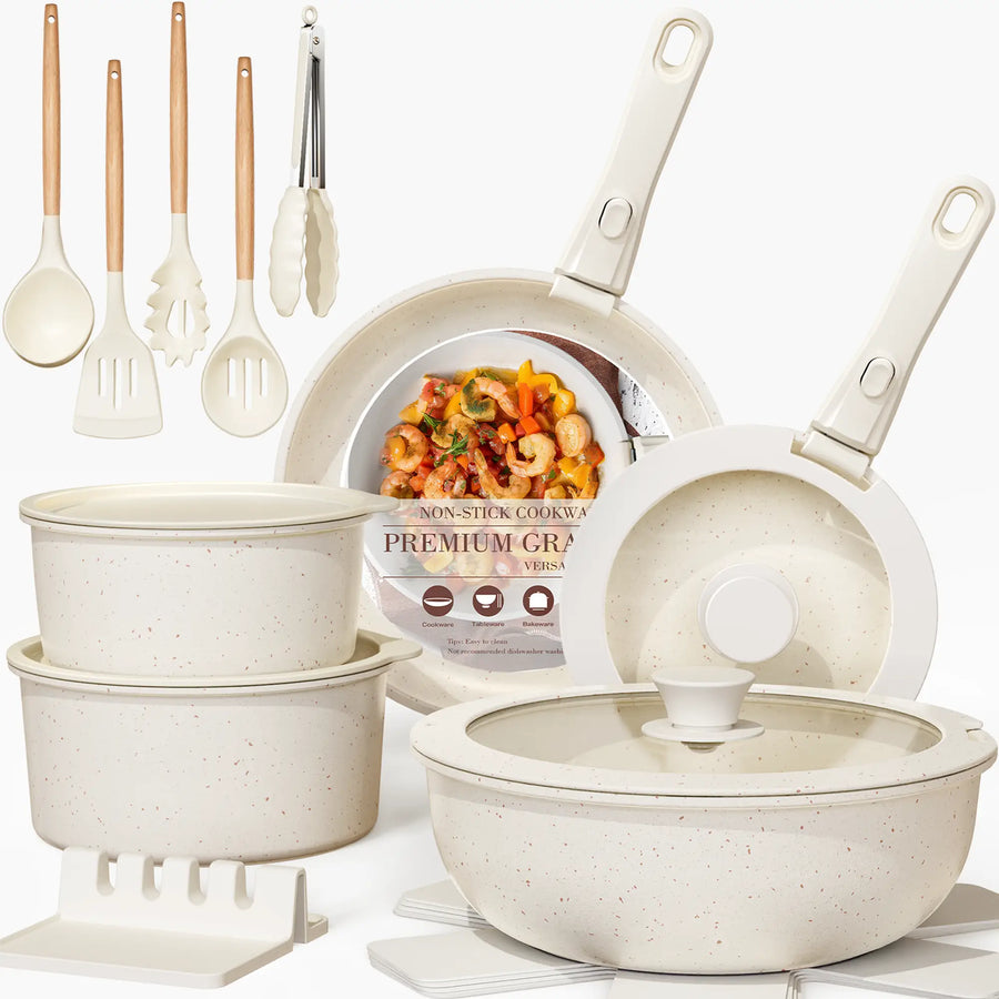 21pcs Ceramic Detachable Cookware Set-White