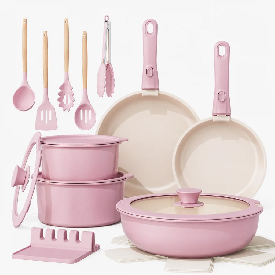 21-Pc Detachable Pink Cookware Set
